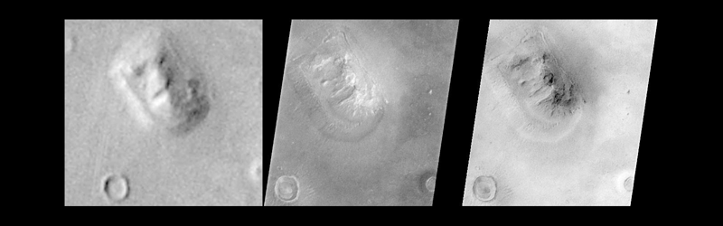Three panels: the 1976 Viking 'Face on Mars', and two sharper 1998 Mars Global Surveyor views resolving it as a mesa.