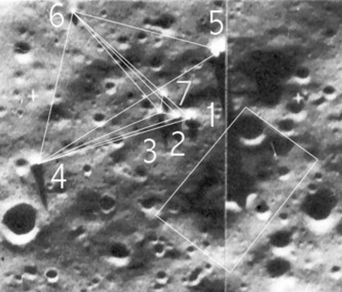 Diagram of the geometric arrangement of the seven cuspids, tracing the isosceles triangles some readers see between them.
