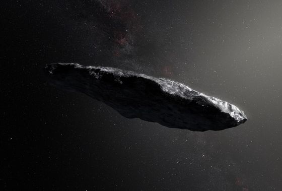ESO artist's impression of the interstellar object 1I/'Oumuamua — a dark, elongated, tumbling body against the stars.